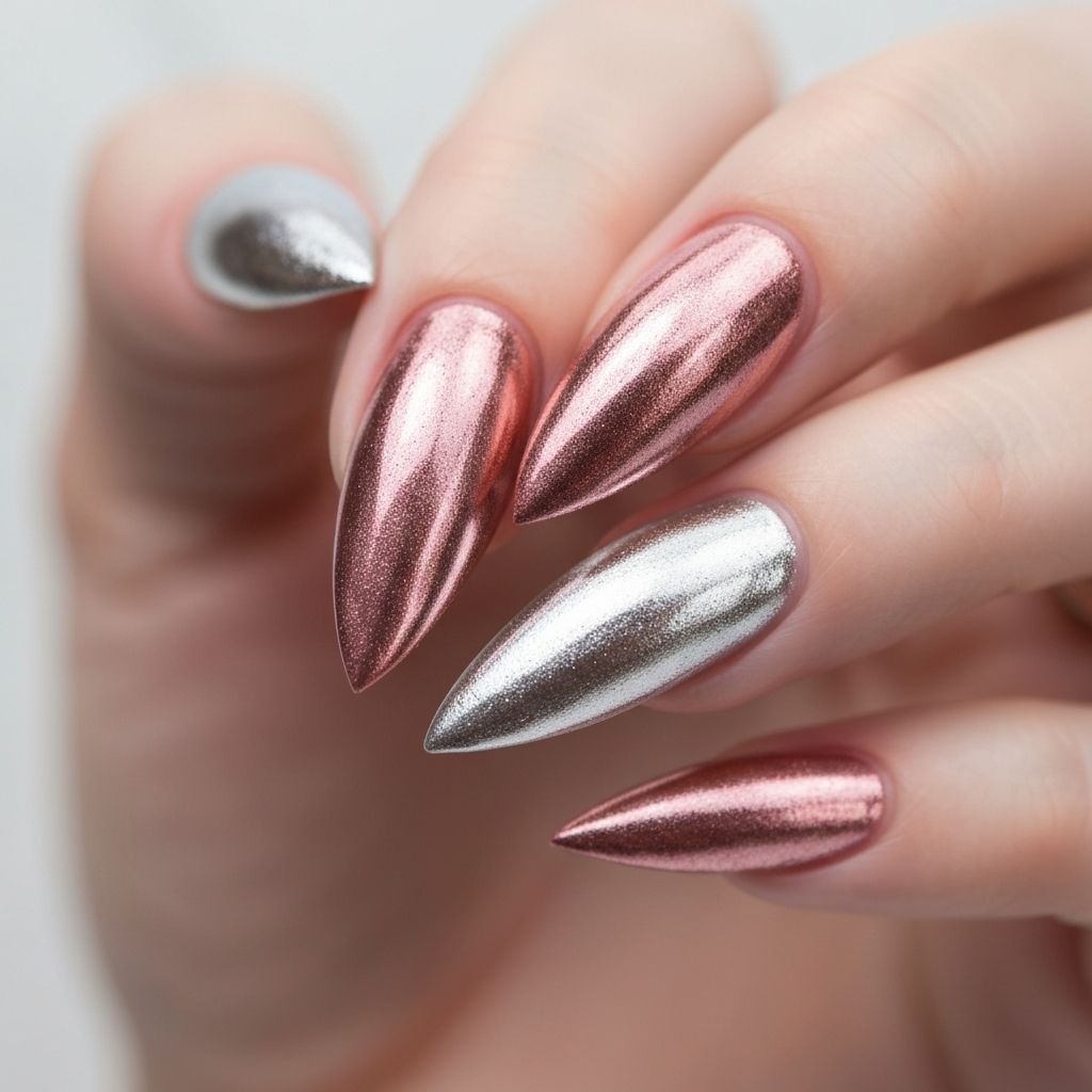 Хромированный дизайн ногтей в розовом золоте