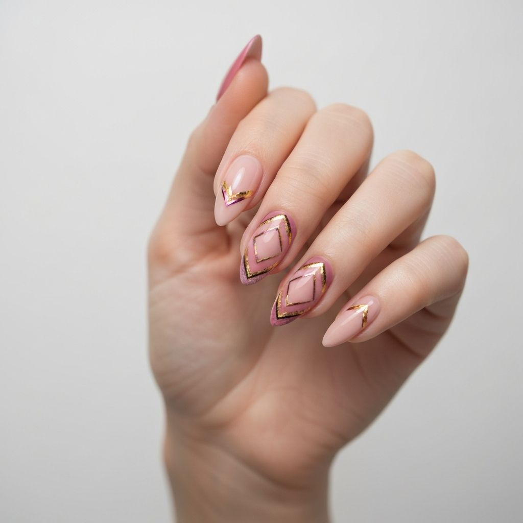 Геометрический нейл-арт в пыльно-розовых тонах